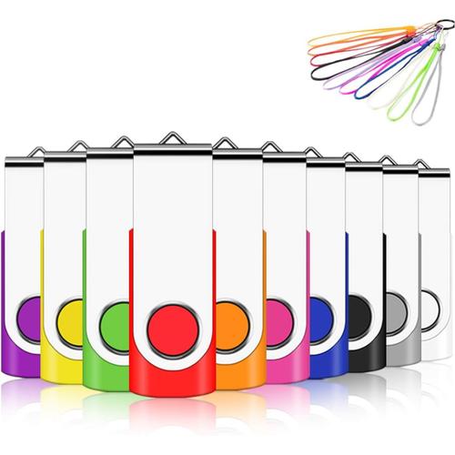 Cle USB 1 Go, Clé USB 2.0 Flash Drive Clef USB Pivotant Stockage Disque Mémoire Stick Pendrive avec 10 Cordes (10 Couleurs 1GB*10PCS)(Q305)