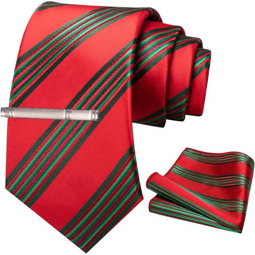 Cravate Rayée Pour Homme Avec Broderie, Mouchoir Et Pince À Cravate