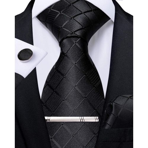 Ensemble De Cravates À Carreaux En Soie Pour Homme Avec Mouchoir De Poche, Boutons De Manchette, Pince À Cravate, Ensemble Pour Mariage Formel