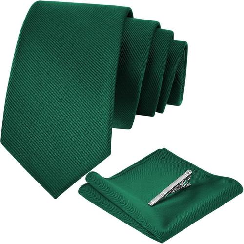 Cravate Unie Avec Pince À Cravate Et Carre De Poche, Cravate Homme Sergé En Soie Et Pinces À Cravate & Carre De Poche Set, Vert