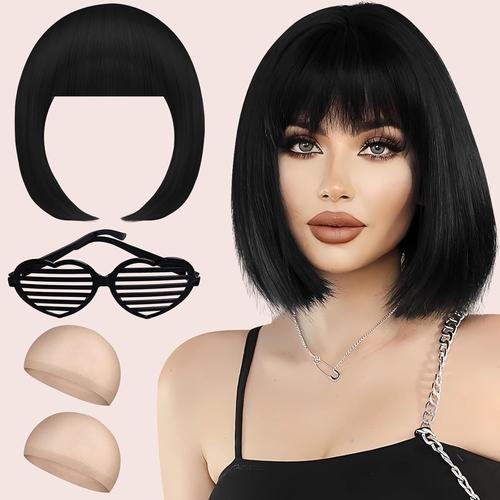 Perruque Femme, Peruque Noir, Perruques Femme Courte Deguisement Carnaval, Bob Wig, Perruque Disco Avec Bonnet De Perruque Et Lunettes Colorées Pour Cosplay Motto Party.[V923]