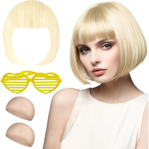 Perruque Femme, Peruque Blonde, Perruques Femme Courte Deguisement Carnaval, Bob Wig, Perruque Disco Avec Bonnet De Perruque Et Lunettes Colorées Pour Cosplay Motto Party.[V920]