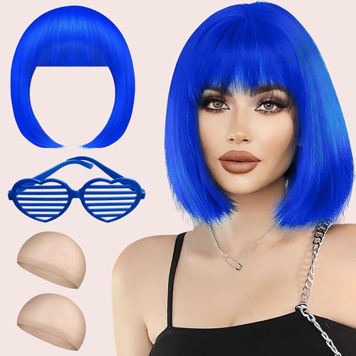 Perruque Femme, Peruque Bleue, Perruques Femme Courte Deguisement Carnaval, Bob Wig, Perruque Disco Avec Bonnet De Perruque Et Lunettes Colorées Pour Cosplay Motto Party.[V924]