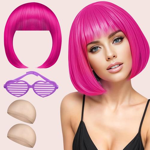 Perruque Femme, Peruque Rose, Perruques Femme Courte Deguisement Carnaval, Bob Wig, Perruque Disco Avec Bonnet De Perruque Et Lunettes Colorées Pour Cosplay Motto Party.[V922]