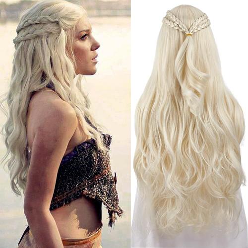 Daenerys Dragon Queen Cosplay Perruque Long Bouclé Ondulé Tresses Cheveux Blonde Perruques Pour Femmes Costume Halloween Fête (Blond Clair).[V119]