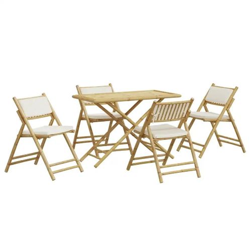 Prolenta Premium - Ensemble De Bistro Pliante 5 Pcs Et Coussins Blanc Crème Bambou