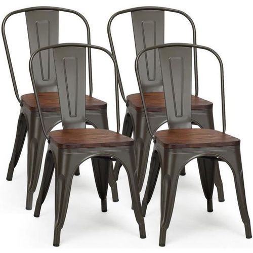 Costway 4 Chaises Salle À Manger Empilables - Style Industriel, Assise En Bois D'orme, Cadre En Acier Pour Bistrot,Bar,Café,Balcon