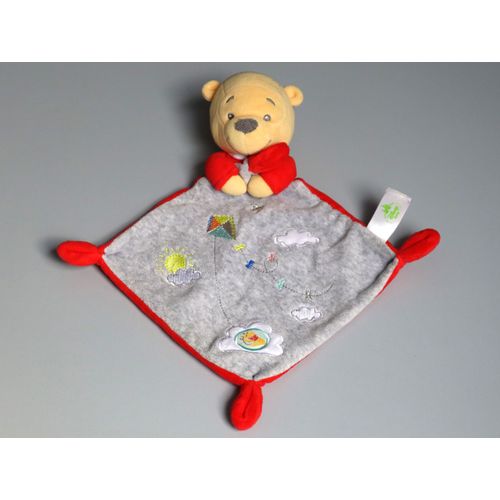 Doudou Winnie Plat Gris Rouge Nuages Cerf Volant Disney Baby