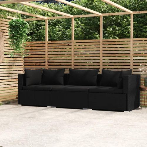 Prolenta Premium - Canapé 3 Places Avec Coussins Noir Résine Tressée