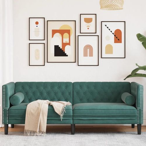 Prolenta Premium - Canapé Chesterfield Avec Traversins 3 Places Vert Foncé Velours