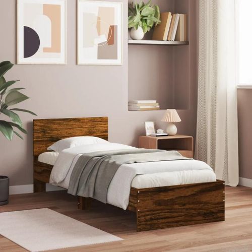 Prolenta Premium - Cadre de lit sans matelas avec tête de lit chêne fumé 90x200 cm