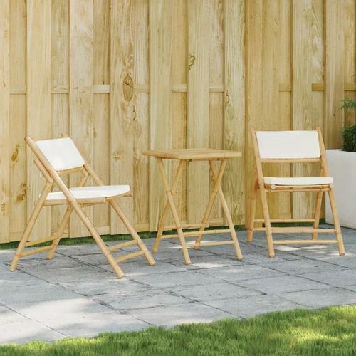 Prolenta Premium - Ensemble De Bistro Pliante 3 Pcs Et Coussins Blanc Crème Bambou