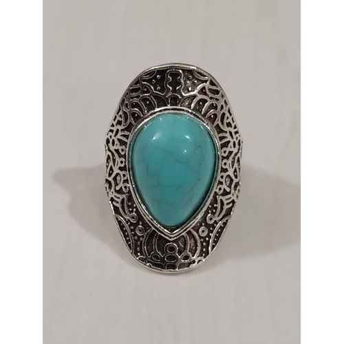 Bague Métal Argenté Et Resine Turquoise Marbré,Taille 19