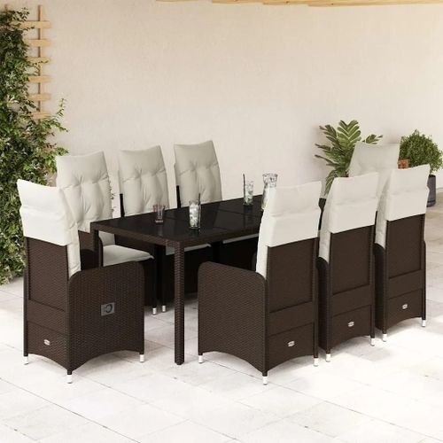 Prolenta Premium - Ensemble De Bistro De Jardin 9 Pcs Coussins Marron Poly Rotin