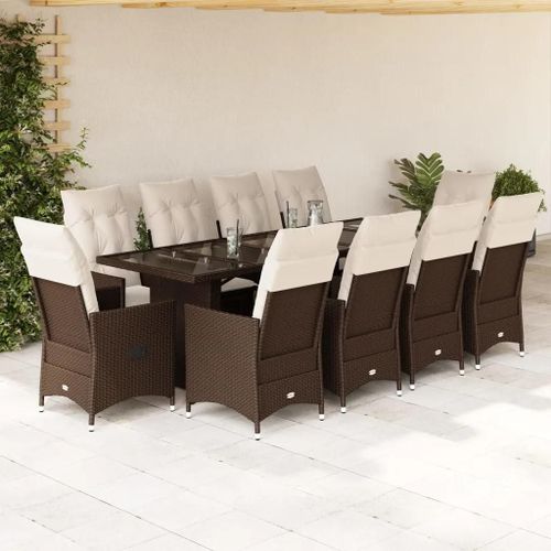 Prolenta Premium - Ensemble De Bistro De Jardin 11 Pcs Coussins Marron Poly Rotin