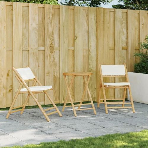 Prolenta Premium - Ensemble De Bistro Pliante 3 Pcs Et Coussins Blanc Crème Bambou