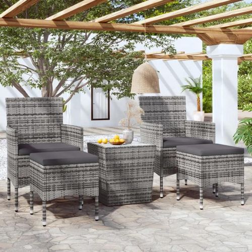 Prolenta Premium - Ensemble De Bistro Jardin 5pcs Résine Tressée Verre Trempé Gris