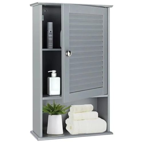 Costway Armoire Murale Pour Salle De Bain, Armoire À Pharmacie Avec Étagère Réglable, Porte Persienne Et Étagère Ouverte, Gris