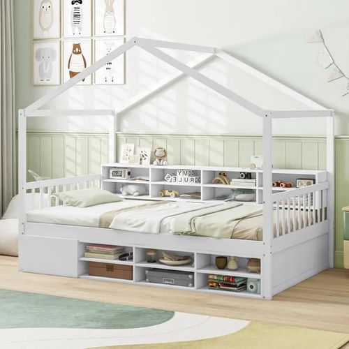Lit Simple 90x200cm Costway Avec Toit, 14 Cubes De Rangement, Armoire Avec Porte, Structure De Lit D'enfants Avec Sommier À Lattes