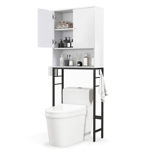 Costway Meuble Wc Au-Dessus Des Toilettes Avec 2 Portes, Etagère Réglable, Barre Inférieure Réglable, 2 Crochets Latéraux, Blanc