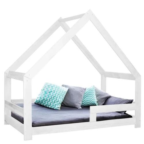 Lit Pour Enfant En Forme De Maison Avec Sommier, Toit Et Barrière Antichute 80 X 160 Cm En Bois De Pin