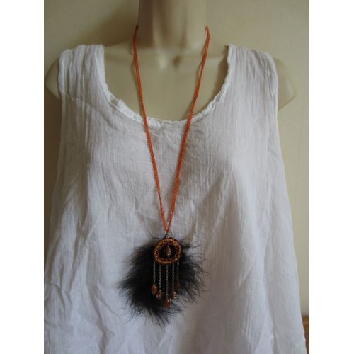 Collier Sautoir Orange Et Noir Avec Plume