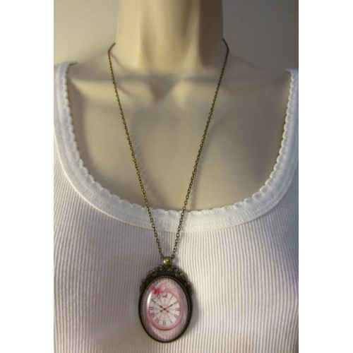 Collier Avec Cabochon En Verre Rose Et Bronze