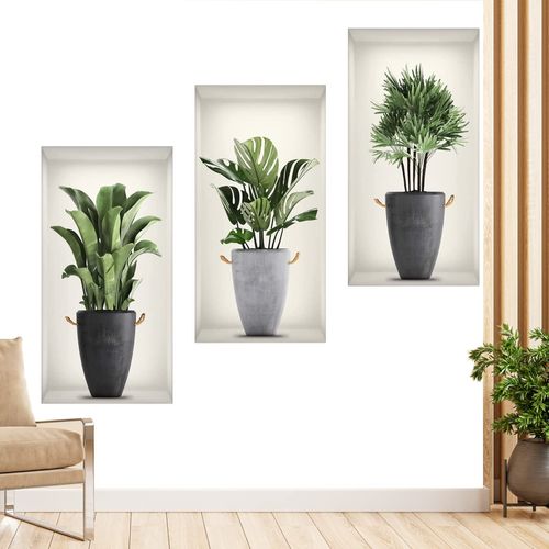 Sticker Muraux 3d Plante De Salon,Autocollant Mural Vase 3d,Sticker Mural De Plantes Vertes,Stickers Muraux En Vinyle 3d Diy Convient Pour Le Salon,La Chambre Et D'Autres Endroits(3 PièCes)