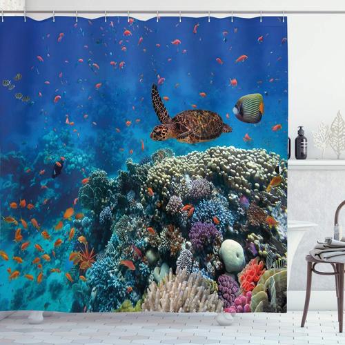 Poisson Rideau De Douche, Tropical Tortue D'eau, Tissu Ensemble De Décor De Salle De Bain Avec Crochets, 175 Cm X 220 Cm, Multicolore[L1979]