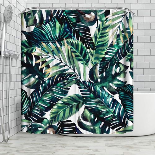 Rideau De Douche En Tissu Imprimé Imperméable 180 X 180 Cm, Vert Foncé, Motif Feuille De Bambou Plantain, Imperméable Et Anti-Moisissure, Tissu Polyester Blanc[L2064]