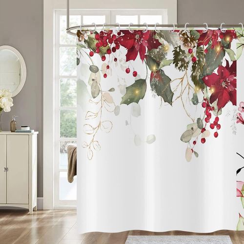 Rideau De Douche Fleurs 180x200, Aquarelle Bourgogne Fleur Rouge Avec Feuilles Vertes Branches Or Sur Le Dessus Plantes Rideau De Baignoire Imperméable Tissu Polyester Lavable Rideau De Bain[L860]