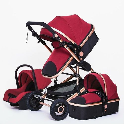 Poussette 3 En 1 Bébé Combinée Siège-Auto Nacelle Trio Réversible Réglable Haute Qualité Roues Increvables Canne Rouge