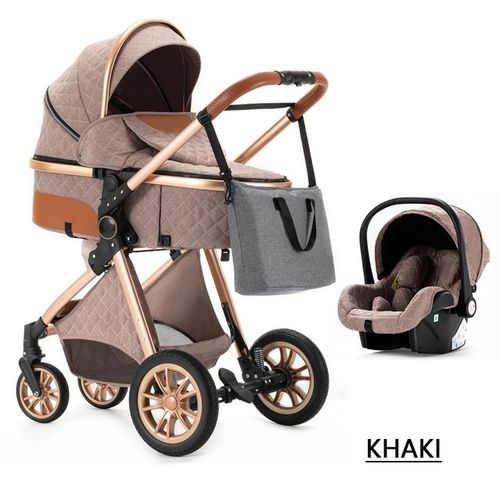 Poussette 3 En 1 Bébé Combinée Siège-Auto Nacelle Trio Réversible Réglable Haute Qualité Roues Increvables Canne Khaki.