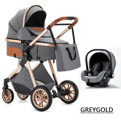 Poussette 3 En 1 Bébé Combinée Siège-Auto Nacelle Trio Réversible Réglable Haute Qualité Roues Increvables Canne Gris Or