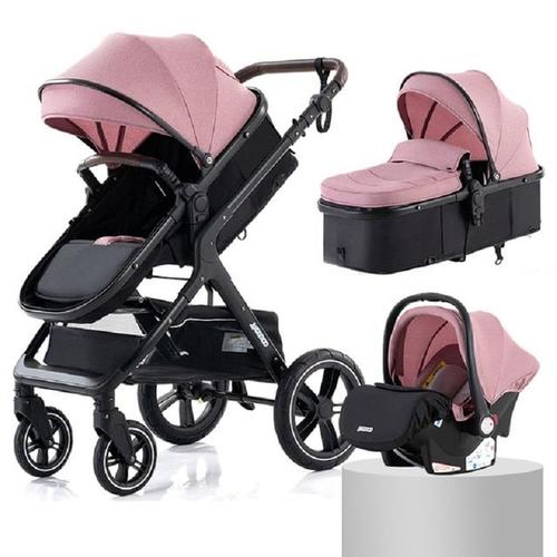 Poussette Bébé Combinée Trio Pack 3 en 1 Rose Chassis Haut a