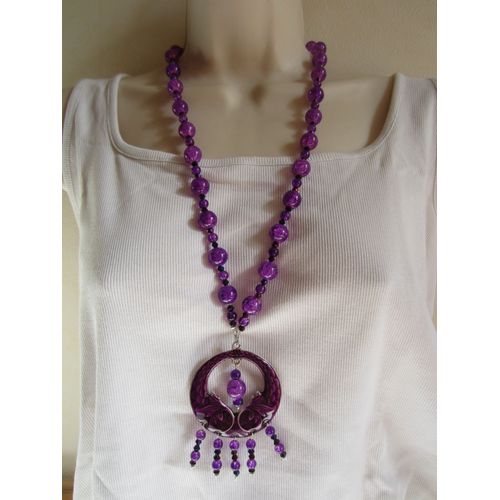 Collier Sautoir Violet Avec Pendentif En Céramique