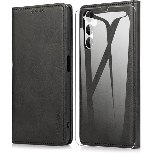 Coque Pour Samsung Galaxy A05s 4g (6.7"") Avec 1 Verre Trempé,Etui Premium Housse En Cuir Pochette Protection Portefeuille Case Magnétique Étui Pour Samsung Galaxy A05s 4g - Noir[Q2698]