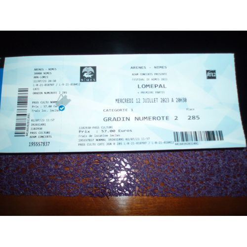 Ticket / Billet De Spectacle De Lomepal Le 12 Juillet 2023.