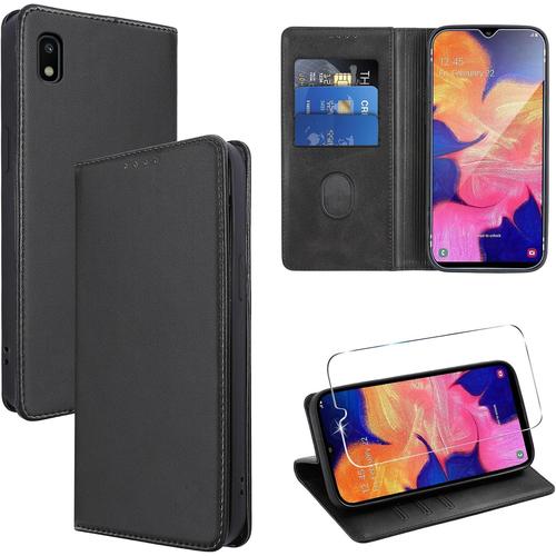 Coque Cuir Pour Samsung Galaxy A10 6.2"" Avec 1 Verre Trempé Etui À Rabat En Pu Porte-Cartes Portefeuille Support Flip Housse Magnétique Antichoc Anti-Rayures Case,Noir[Q882]