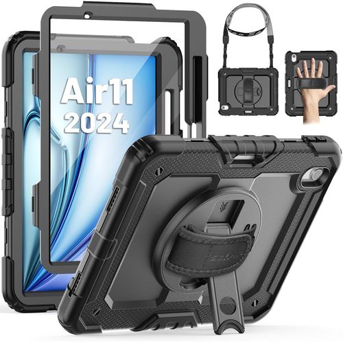 Coque Pour Ipad Air 11 Pouces 2024 M2(6e Gén), Coque Pour Ipad Air 6 2024, Coque Antichoc Avec Protecteur D'écran, Support Rotatif À 360° Et Dragonne, Bandoulière, Avec Porte-Stylo, Noir.[G610]