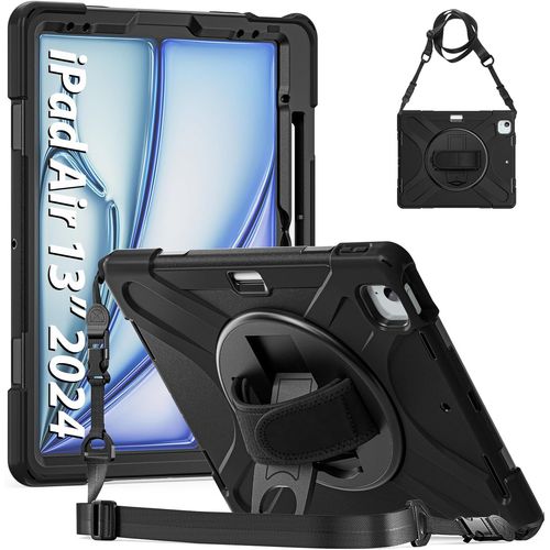 Coque Antichoc Ipad Air 13 Pouces M2 (2024)/Ipad Pro 12.9"" (6è/5è/4è/3è Gén), Étui Armure Robuste Avec Support Rotatif, Dragonne Et Bandoulière, Porte-Stylet, Housse Pour Ipad Air 13"", Noir.[G1400]