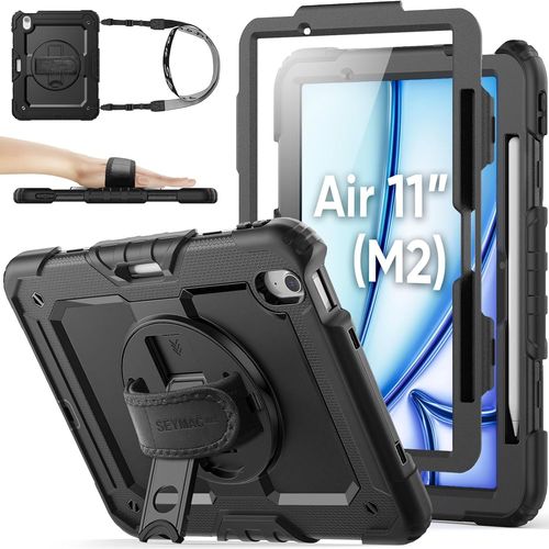 Coque Pour Ipad Air 11 Pouces (M2) 2024 / Air 6eme Génération, Coque Antichoc Avec Béquille/Dragonne Rotative À 360 Degrés/Protecteur D'écran/Porte-Crayon/Bandoulière, Noir.[G672]