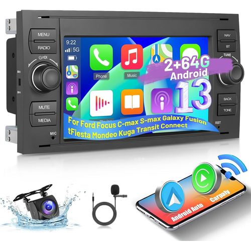[2+64G] Autoradio Android 13 pour Ford Focus C-Max S-Max Galaxy Fusion Fiesta Mondeo Kuga Transit Connect - Radio 7 Pouces avec Wireless CarPlay & Android Auto EQ GPS WiFi + Caméra de Recul AHD.[G1378]