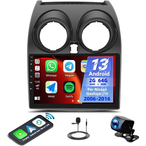 2G+64G Android 13 Autoradio pour Nissan Qashqai J10 2006-2016 Apple CarPlay Android Auto, 9"" HD Écran Tactile avec Bluetooth Mirror Link GPS WiFih FM/RDS SWC+ Caméra de Recul AHD MIC.[G1191]