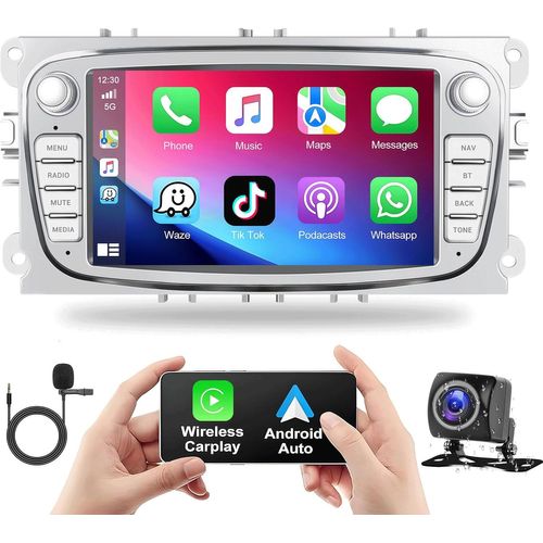 Podofo 2+64G Autoradio pour Ford Focus C-Max S-Max Mondeo Kuga Galaxy Mondeo 9 Kuga avec Carplay sans Fil Android Auto, Radio Android avec écran 7"", GPS, WiFi, RDS + Caméra de recul & Micro,.[G1111]
