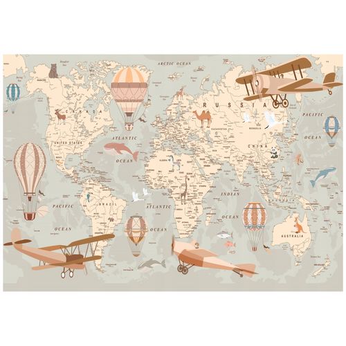 Papier Peint Enfant Carte du monde Animaux Intissé Panoramique 300x210 cm - Colle Inclus - Chambre Enfant - Moderne Papier Peint