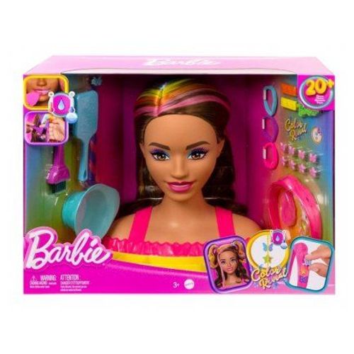 Tete A Coiffer Barbie Ultra Chevelure Brune, Meches Arc En Ciel - 22 Accessoires Color Reveal - Set Coiffure Poupee Et Carte