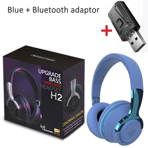 Casque Bluetooth sans fil avec micro et adaptateur USB, casque antibruit, stéréo pliable, basse, écouteurs TV, sauna, phon-H2 Blue adaptor
