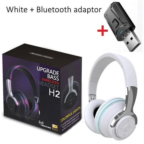 Casque Bluetooth sans fil avec micro et adaptateur USB, casque antibruit, stéréo pliable, basse, écouteurs TV, sauna, phon-H2 White adaptor