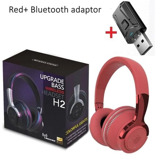 Casque Bluetooth sans fil avec micro et adaptateur USB, casque antibruit, stéréo pliable, basse, écouteurs TV, sauna, phon-H2 Red adaptor